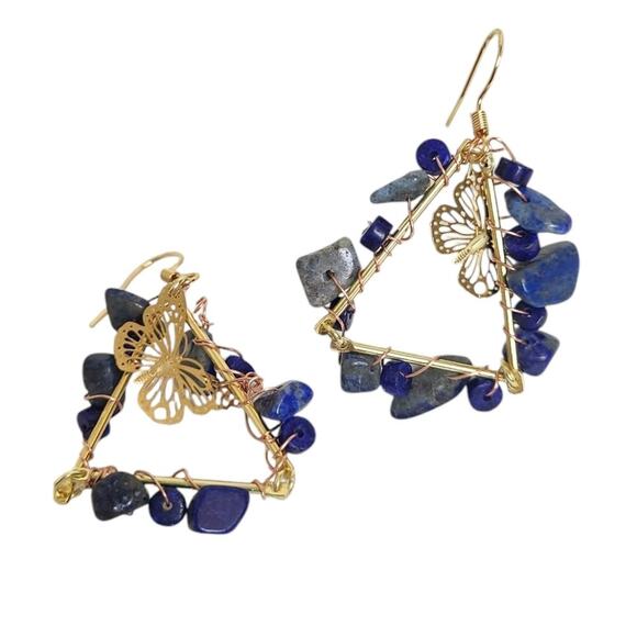 14k Gold Plated lapis lazuli Butterfly Triangle Earrings - Picture 1 of 3